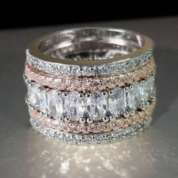 18k White Gold Diamond Ring Band Two Tone Ring Silver & Rose Gold - Picture 4 of 7